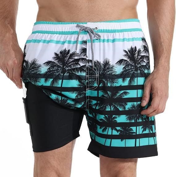 Men's quick-dry active swimwear shorts with compression liner. Great for beach & pool.
