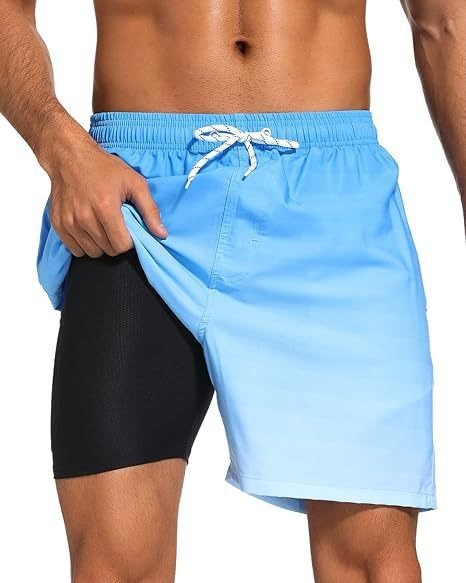 Men's quick-dry swim shorts, tropical print. Compression liner. Ideal for summer beach & pool.