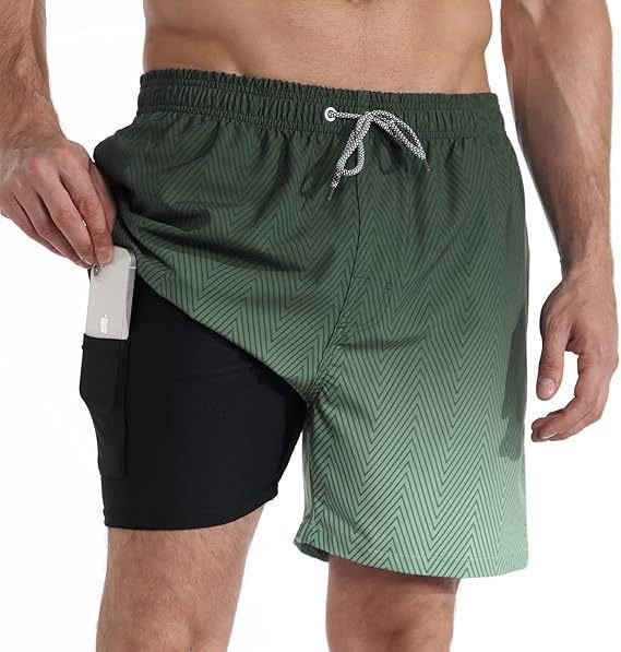 Lightweight, quick-dry men's swim shorts with supportive compression liner.