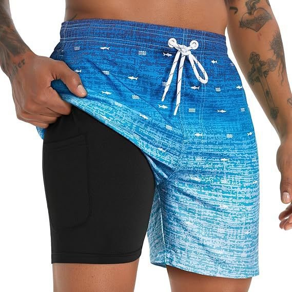 Casual men's quick-dry swim shorts with compression liner for beach, pool, and summer activities.
