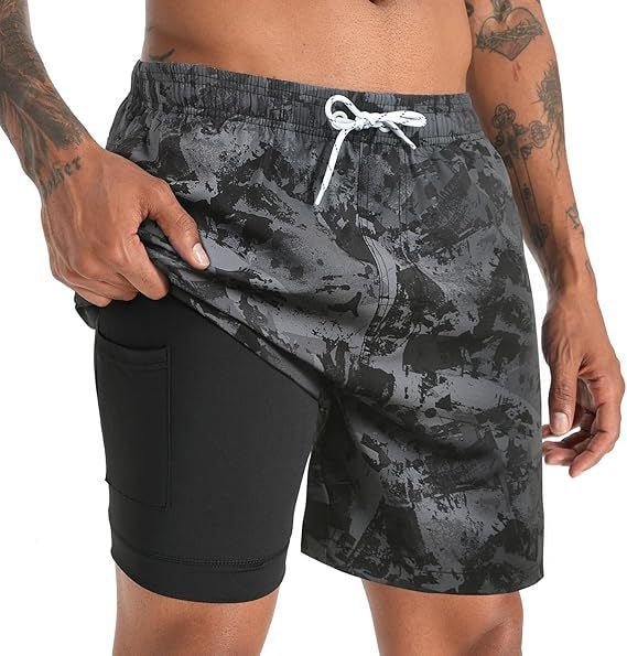 Stylish men's quick-dry swim shorts with compression liner for active summer water sports.
