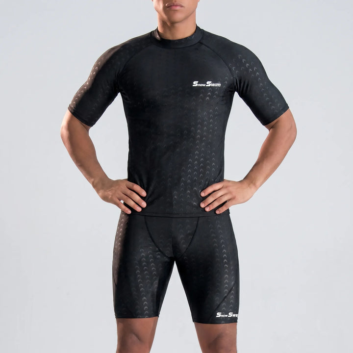 Performance men's rash guard, quick-dry surf shirt for beach, pool, and sun protection.