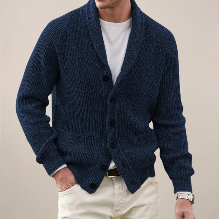 Men's refined shawl collar cardigan. Stylish knitwear, perfect fall & winter layering. Button front for comfort.