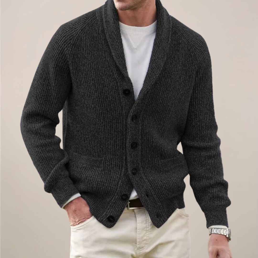 Comfortable men's shawl collar cardigan. Warm knitwear with button front closure, ideal for fall & winter style.