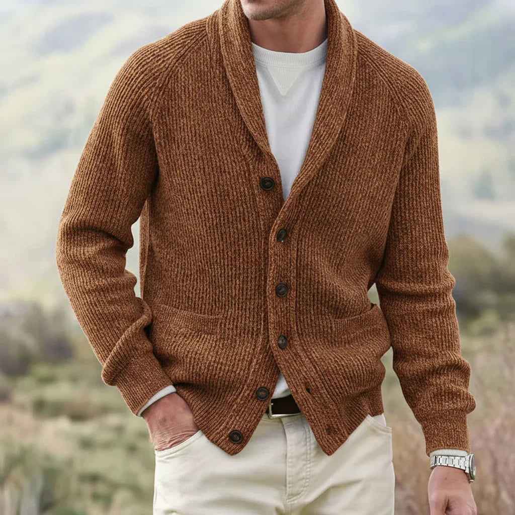 Men's fashion shawl collar cardigan. Essential knitwear layering piece for refined smart casual fall & winter looks.