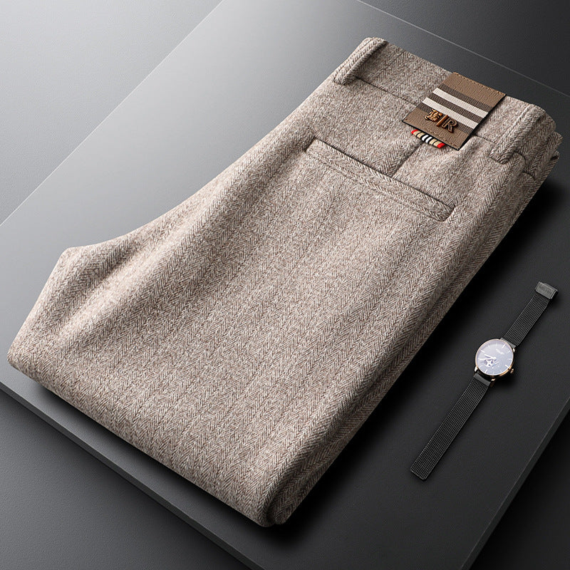 Khaki men's Regent tailored trousers. Modern fit dress pants for sophisticated office wear & comfort.