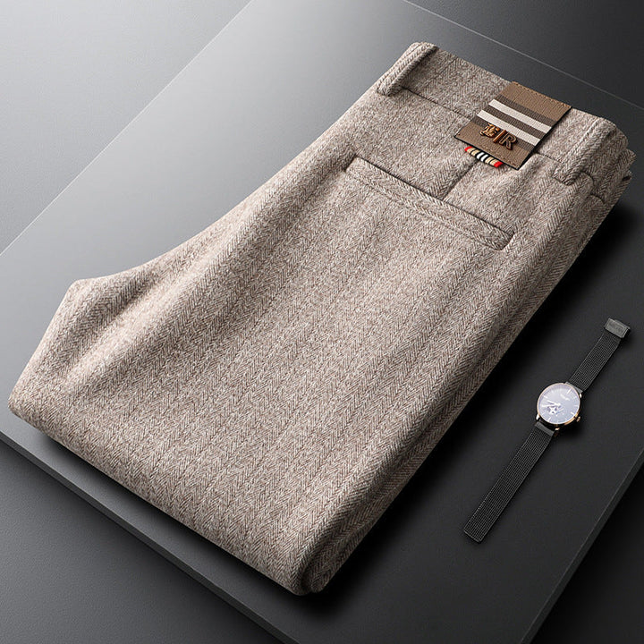 Khaki men's Regent tailored trousers. Modern fit dress pants for sophisticated office wear & comfort.