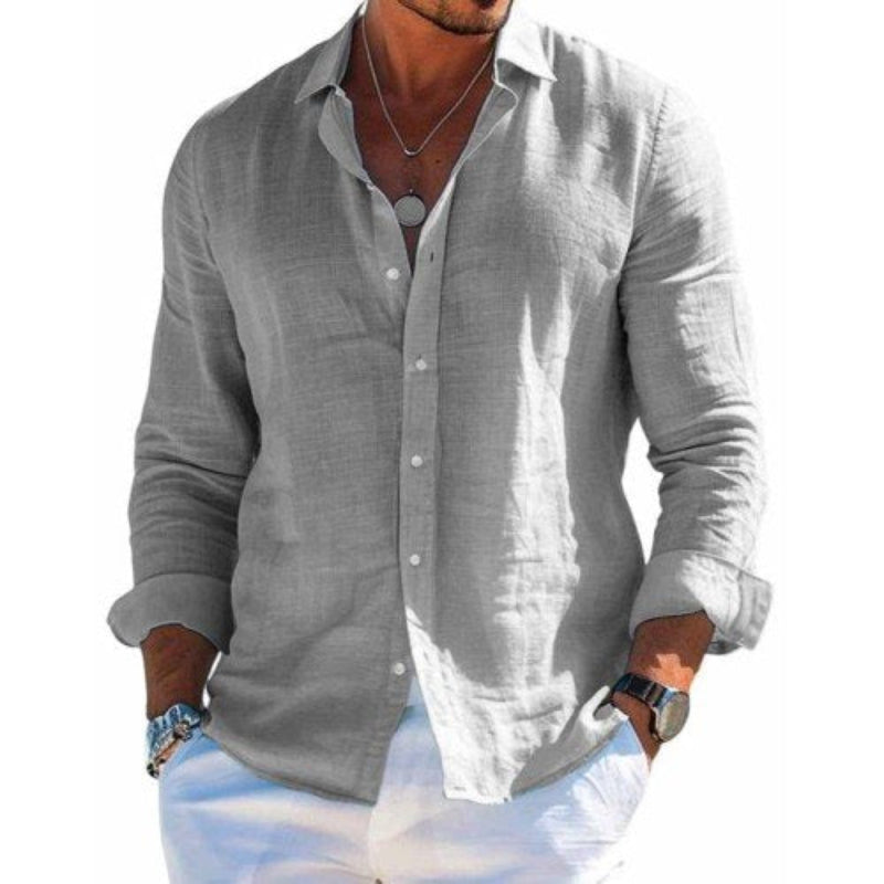 Men's regular fit linen button-up short sleeve shirt. Perfect casual summer wear.