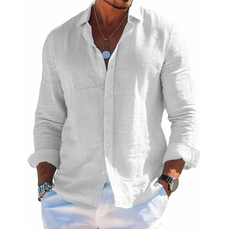 Regular fit men's linen button-up shirt, short sleeve, ideal for comfortable summer fashion.