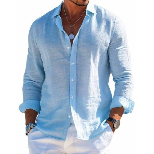 Men's casual short sleeve linen button-up shirt, regular fit with a lapel collar, perfect for summer.