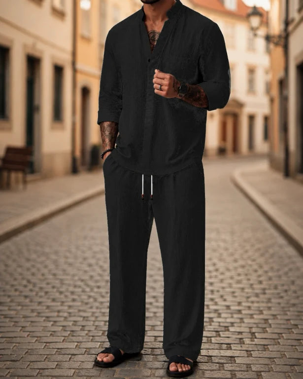 Men's relaxed 2-piece outfit set with casual shirt & drawstring pants. Perfect for summer comfort & travel.