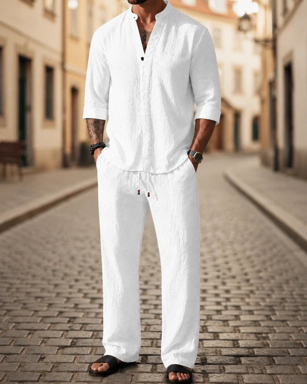 Versatile men's relaxed fit 2-piece outfit featuring a comfy casual shirt & easy drawstring pants.