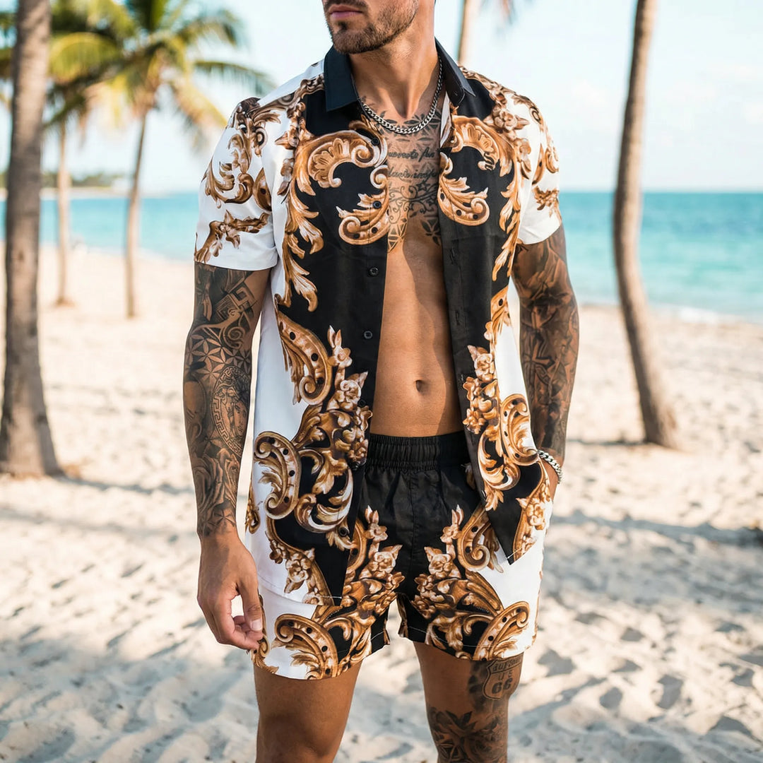 Men's relaxed fit bold print summer two-piece set, ideal for casual wear & vacation.