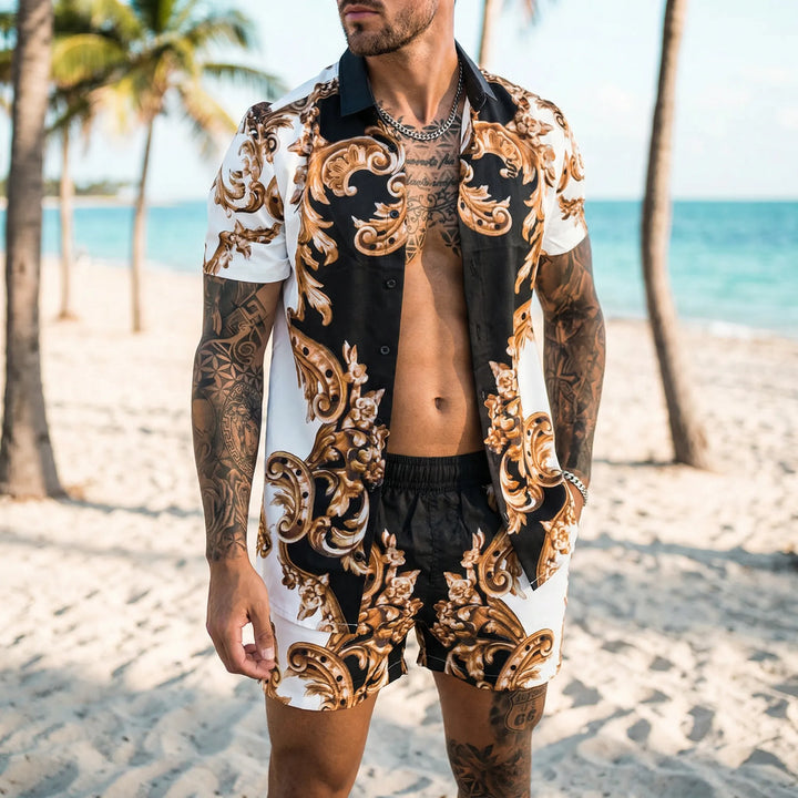 Men's relaxed fit bold print summer two-piece set, ideal for casual wear & vacation.