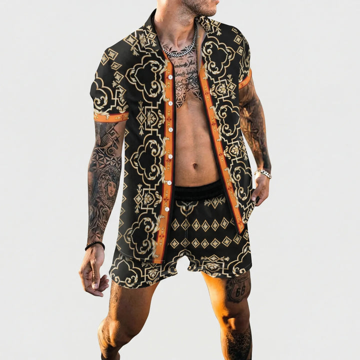 Men's summer ensemble: relaxed fit bold print shorts set, perfect for warm weather style.