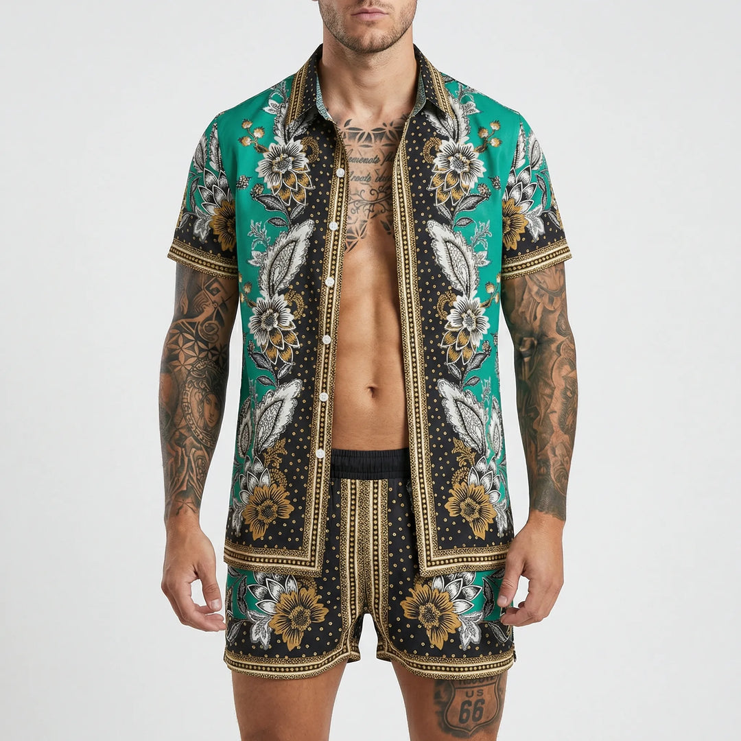 Comfortable men's bold print two-piece summer set, a must-have for vacation wear.