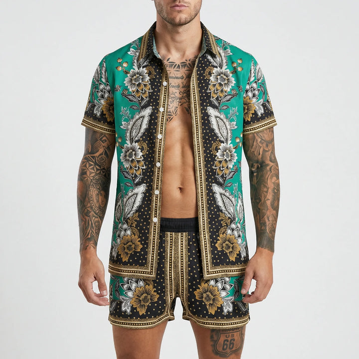 Comfortable men's bold print two-piece summer set, a must-have for vacation wear.