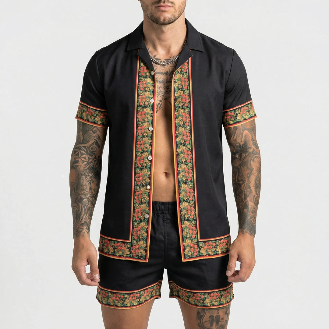 Men's stylish bold print summer set, featuring shorts and a relaxed fit matching shirt.