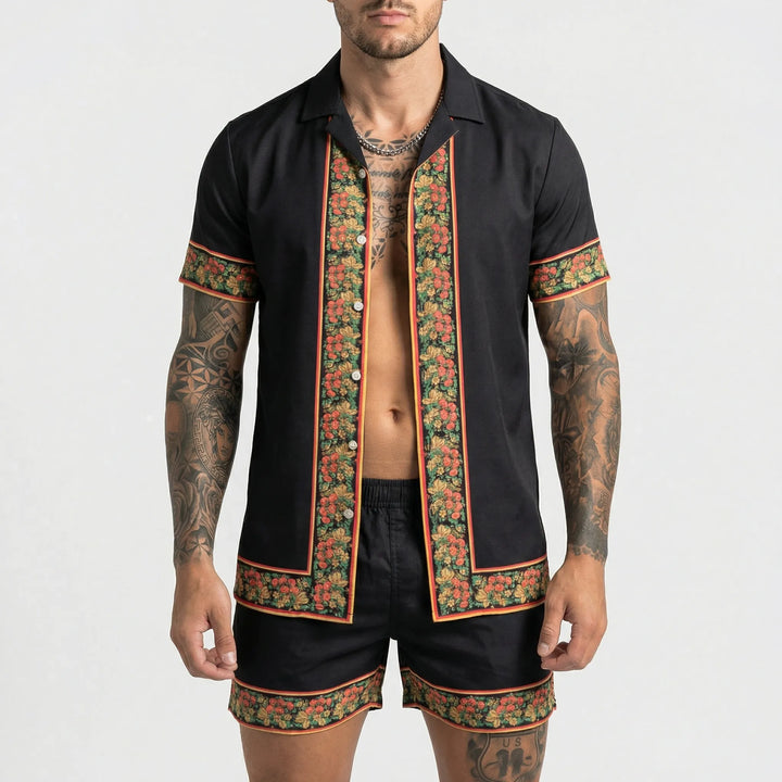 Men's stylish bold print summer set, featuring shorts and a relaxed fit matching shirt.