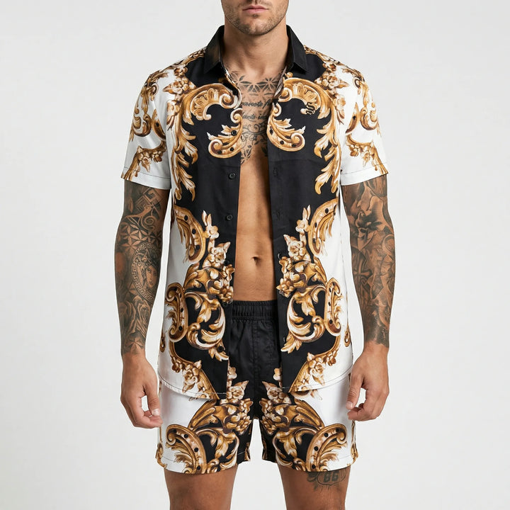 Stylish men's bold print shorts & shirt summer set, perfect for beachwear & vacations.