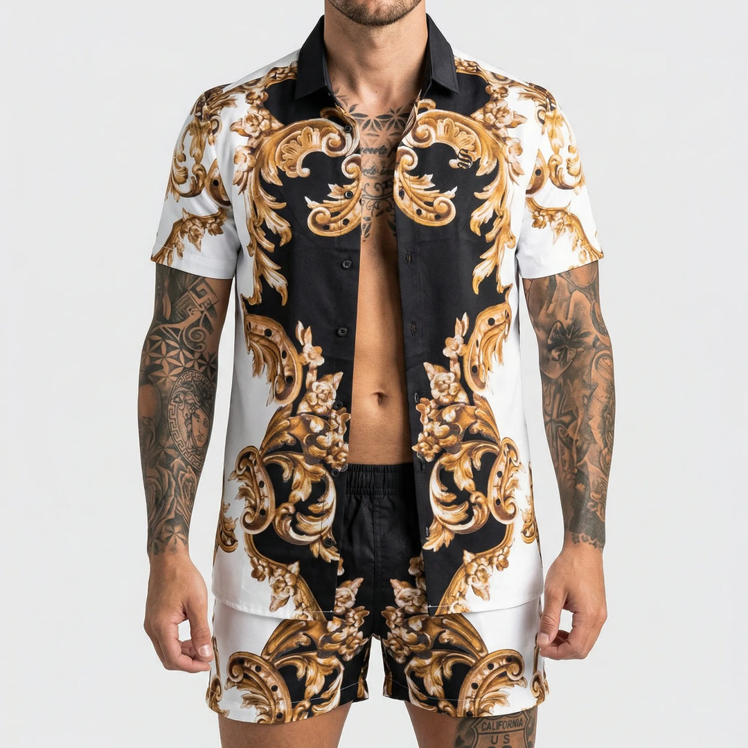 Men's beachwear: relaxed fit bold print shorts set, a trendy summer fashion statement.