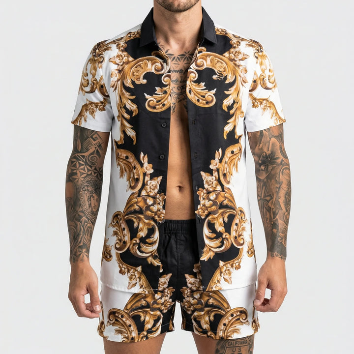 Men's beachwear: relaxed fit bold print shorts set, a trendy summer fashion statement.