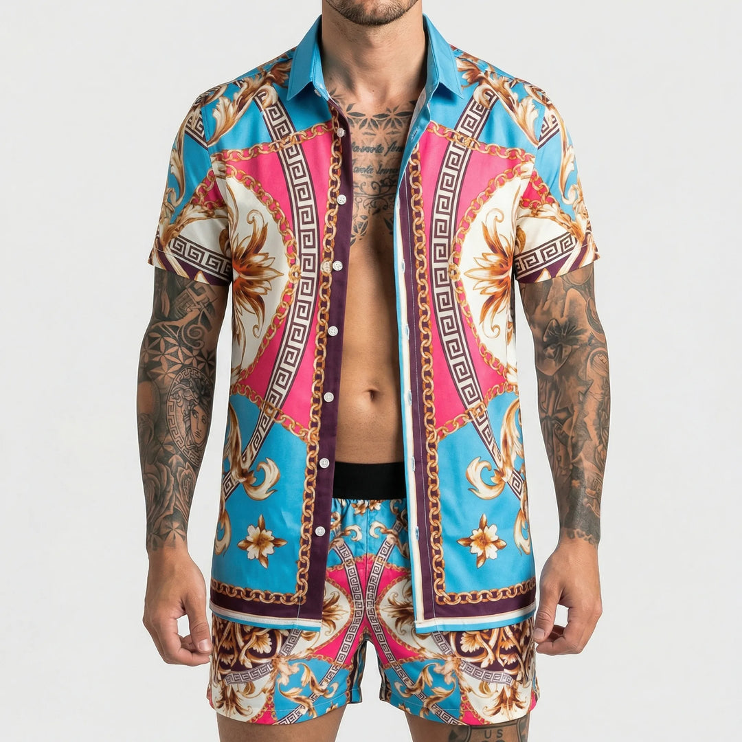 Close-up of the vibrant bold print pattern on men's relaxed fit summer shorts set fabric.