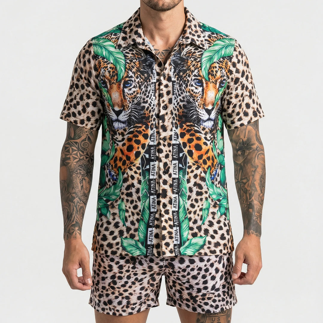 Men's fashion: vibrant bold print two-piece summer set, excellent for vacation style.