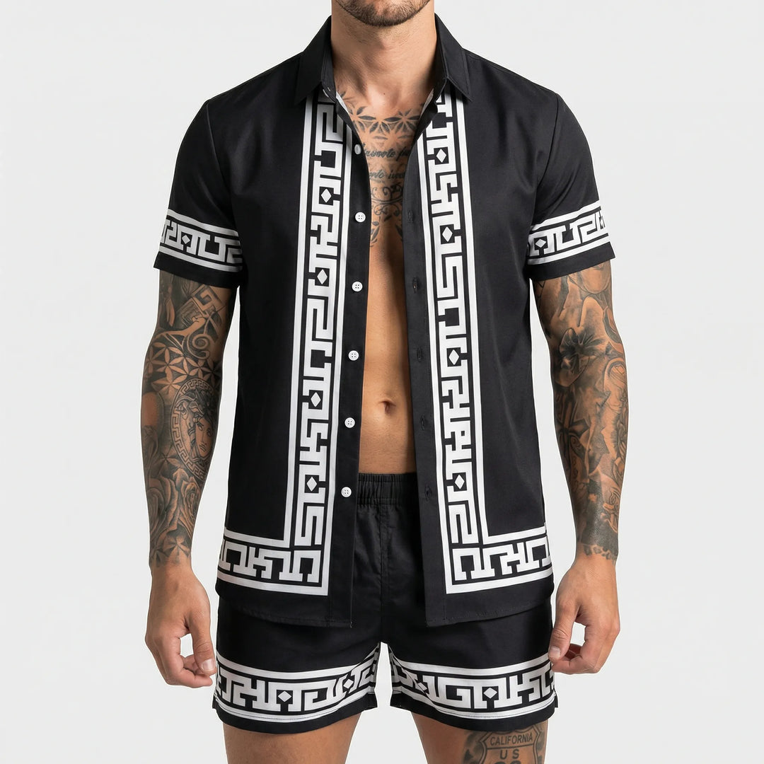 Side view of men's casual bold print two-piece summer set, great for beach or travel.
