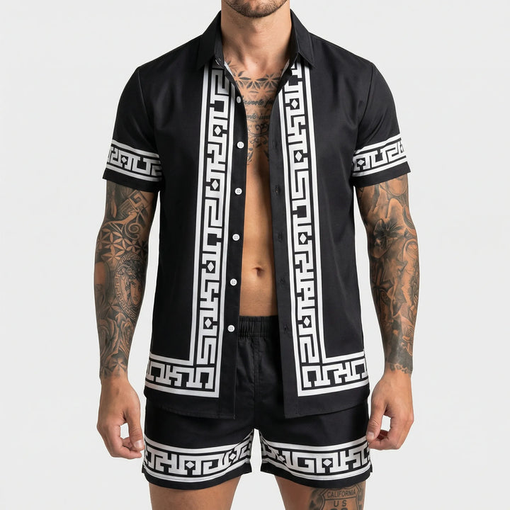 Side view of men's casual bold print two-piece summer set, great for beach or travel.