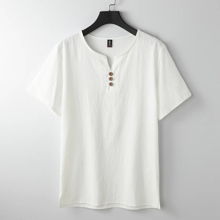 Modern men's relaxed fit button-neck t-shirt. Ideal short sleeve casual top for comfort & versatile everyday style.