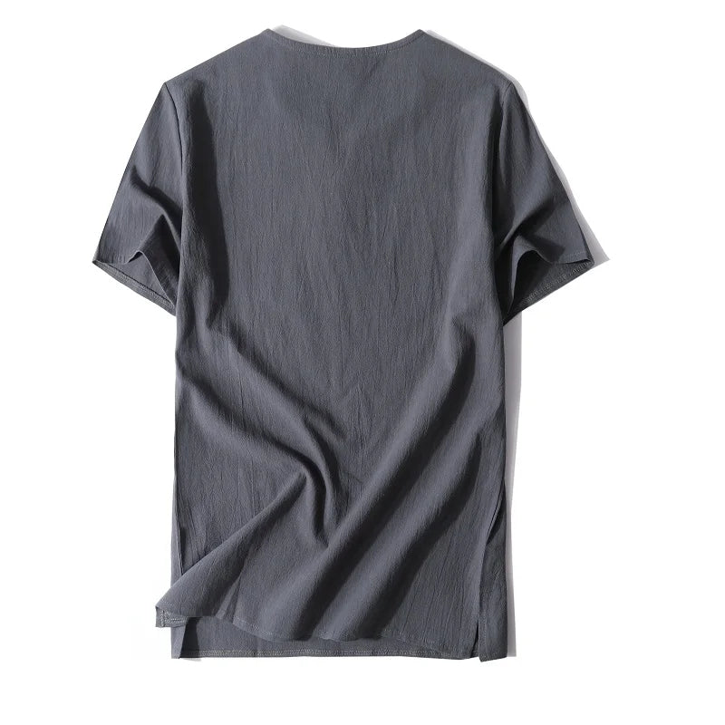 Everyday men's button-neck t-shirt, relaxed fit. Stylish short sleeve top for ultimate comfort & casual versatility.