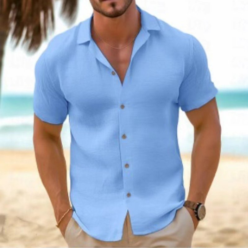 Men's button-up short sleeve shirt, relaxed fit, featuring a stylish spread collar for summer.