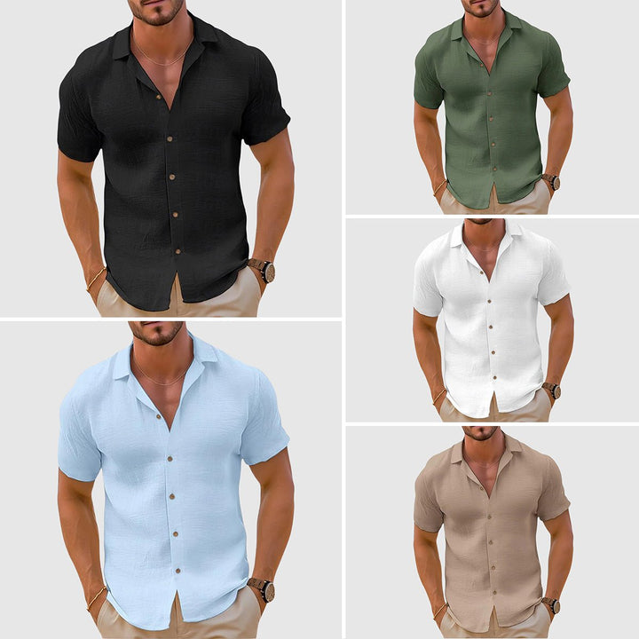 Men's casual short sleeve button-up shirt, relaxed fit, ideal for summer, travel & everyday style.