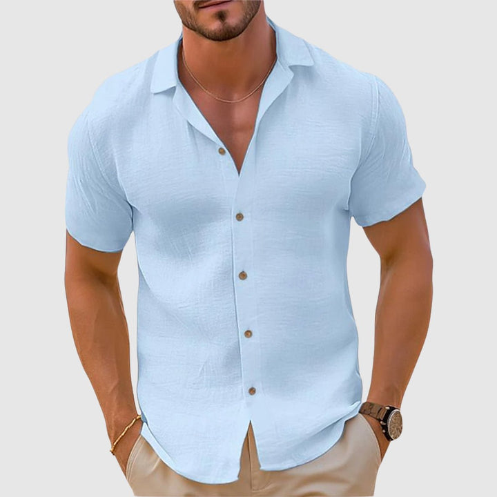 Effortlessly stylish men's relaxed collar short sleeve button-up shirt for modern casual looks.
