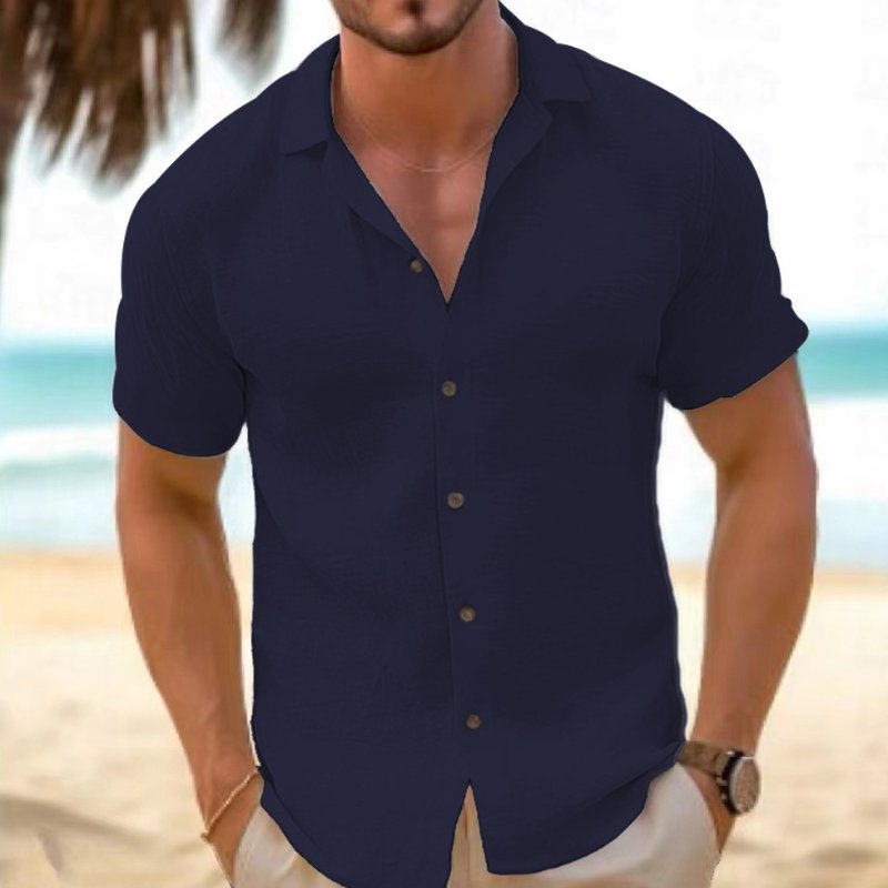Front view: Men's relaxed fit short sleeve button-up shirt, a must-have casual summer top.