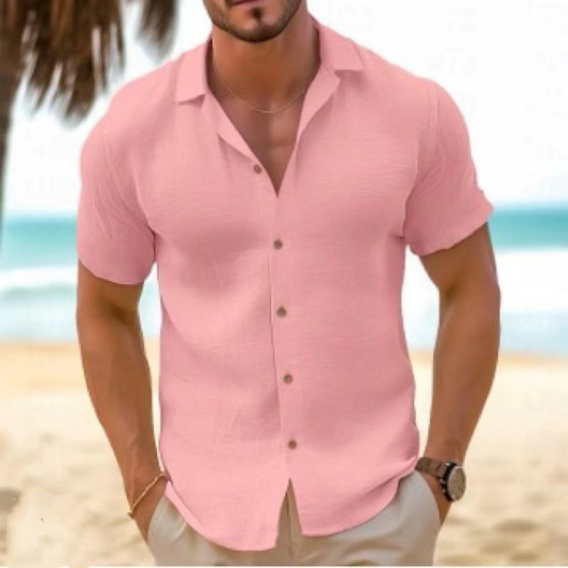 Versatile men's short sleeve button-up shirt with relaxed collar, perfect for travel & casual outfits.