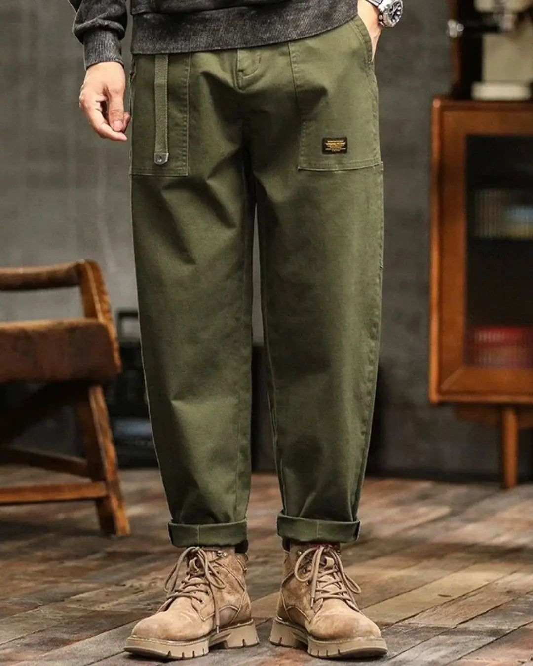 Men's relaxed fit cargo pants in olive green, ideal for casual everyday comfort & versatile utility wear.