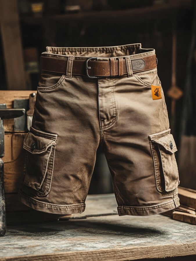 Durable khaki men's cargo shorts with a relaxed fit, ideal for outdoor activities and utility.