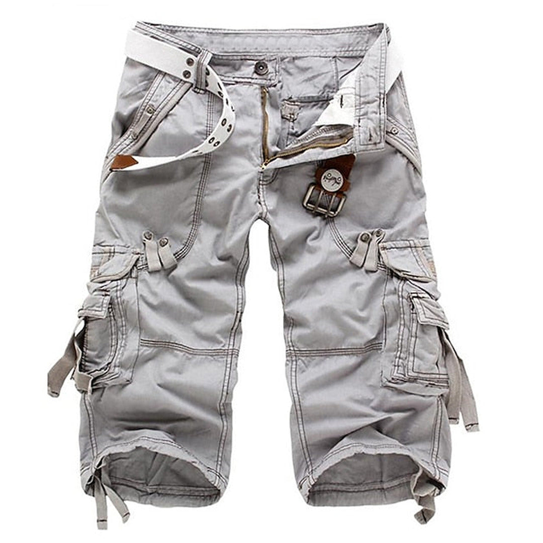 Comfortable men's multi-pocket cargo shorts, knee-length, perfect for summer casual & utility wear.