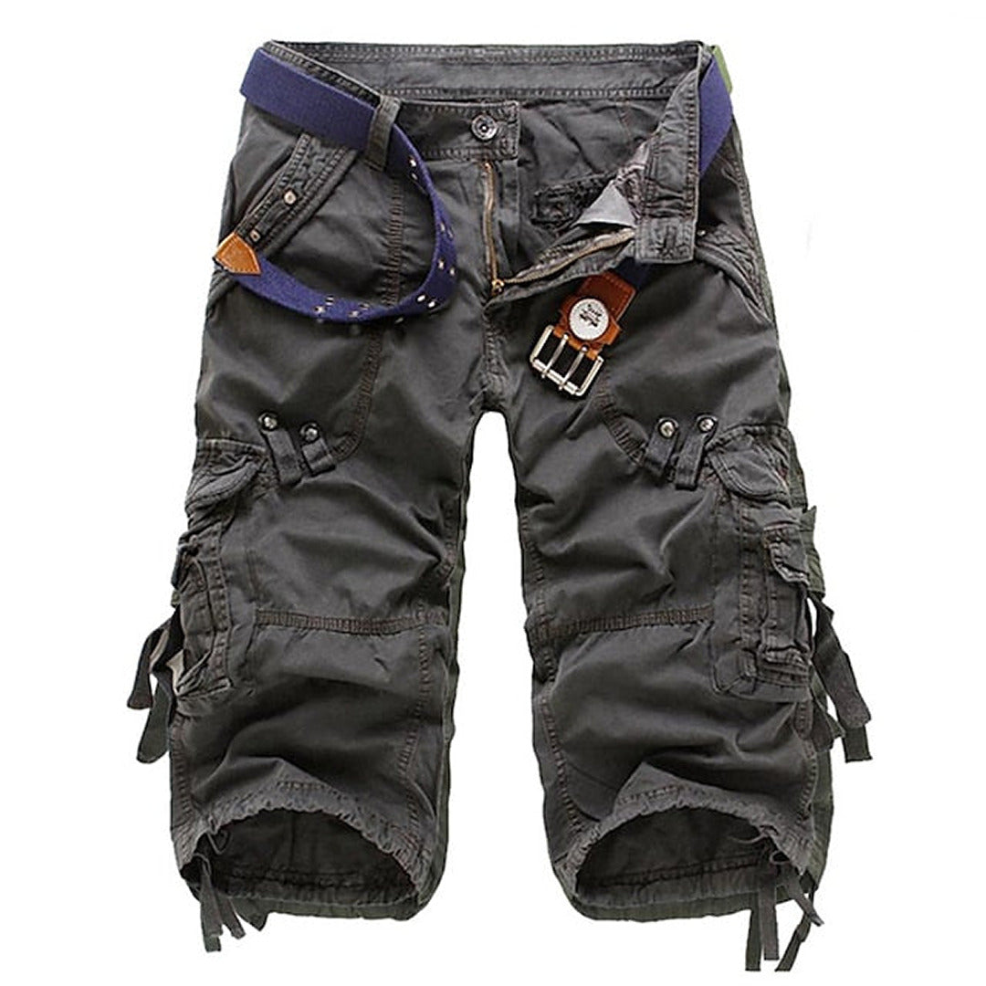 Casual belted men's cargo shorts, relaxed fit & knee-length with multi-pockets for summer outdoor adventures.