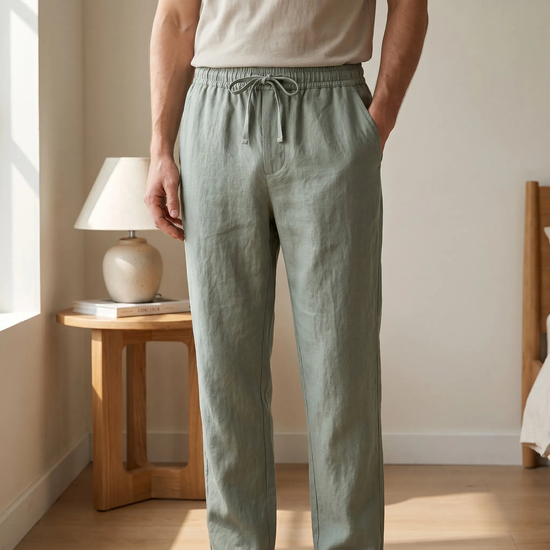 Men's relaxed fit casual pants with drawstring waist, straight leg, perfect for warm weather comfort.