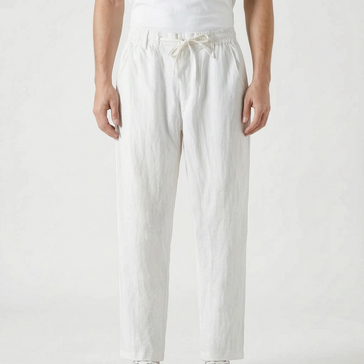 Men's straight leg casual pants, relaxed fit, comfortable drawstring waist for warm weather style.