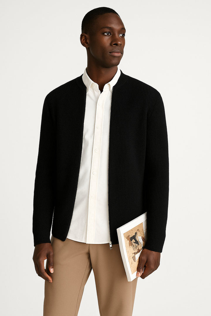 Men's relaxed fit double zipper cardigan sweater in a versatile knit, ideal for stylish layering.