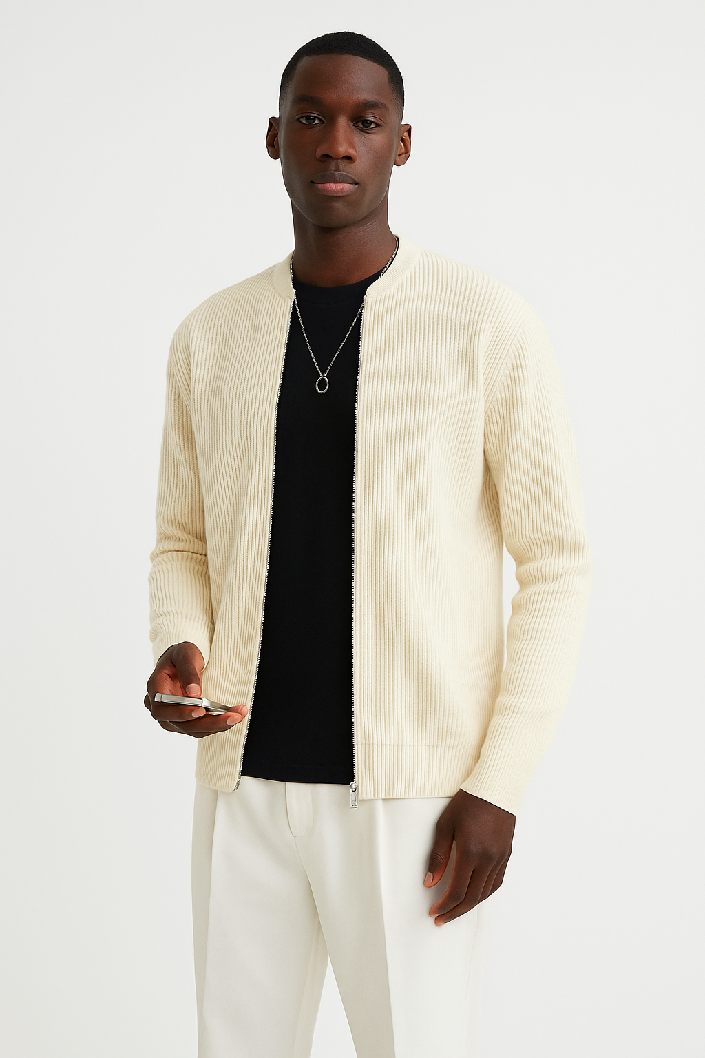 Casual men's long sleeve double zipper cardigan sweater, perfect for everyday or smart casual fashion.