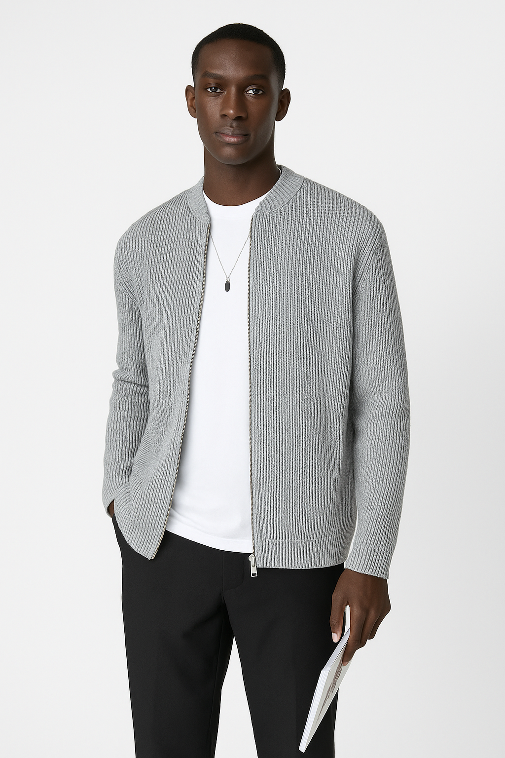 Comfortable men's relaxed fit cardigan with a unique double zipper design, great for casual wear.