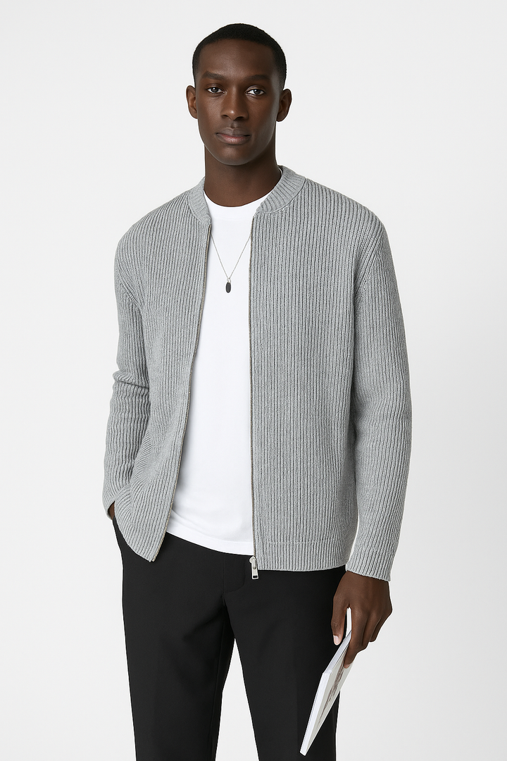 Comfortable men's relaxed fit cardigan with a unique double zipper design, great for casual wear.
