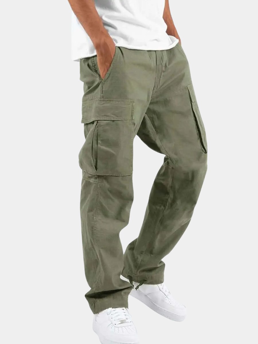 Men's relaxed fit drawstring cargo pants in khaki, perfect for casual everyday wear & comfort with multi-pockets.