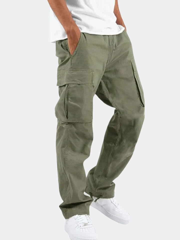 Men's relaxed fit drawstring cargo pants in khaki, perfect for casual everyday wear & comfort with multi-pockets.
