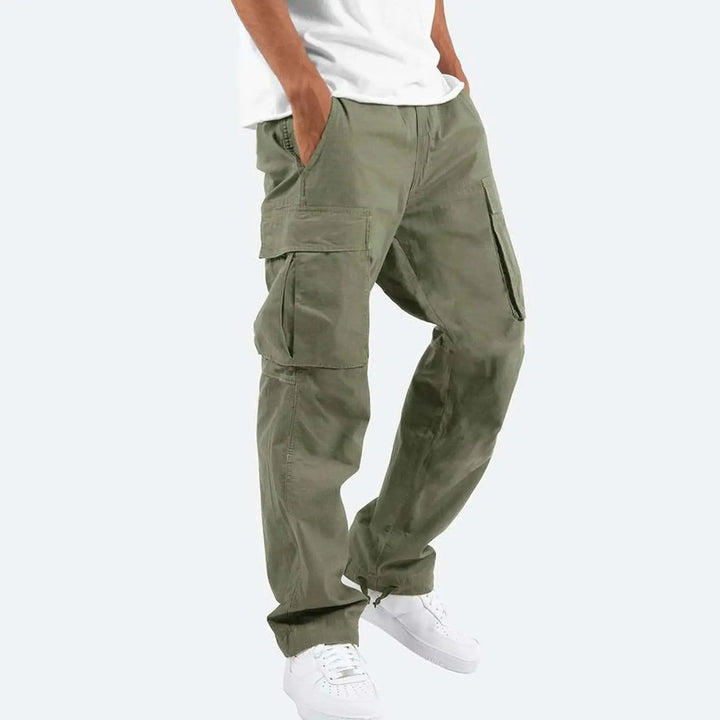 Close-up of men's casual drawstring cargo pants waistband, showing adjustable comfort & relaxed fit.